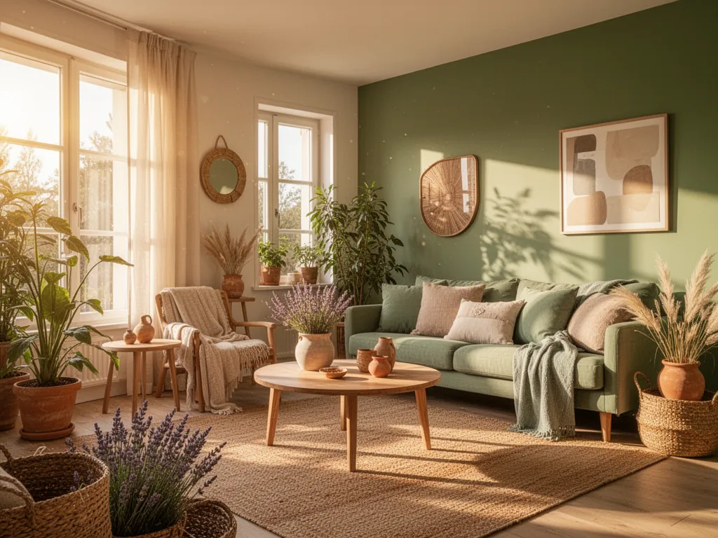 Une femme de 30 ans dans un salon lumineux, tenant un petit coffret cadeau sur ses genoux, entourée d'objets du quotidien : tasse à café, plante en pot, et écharpe en laine.