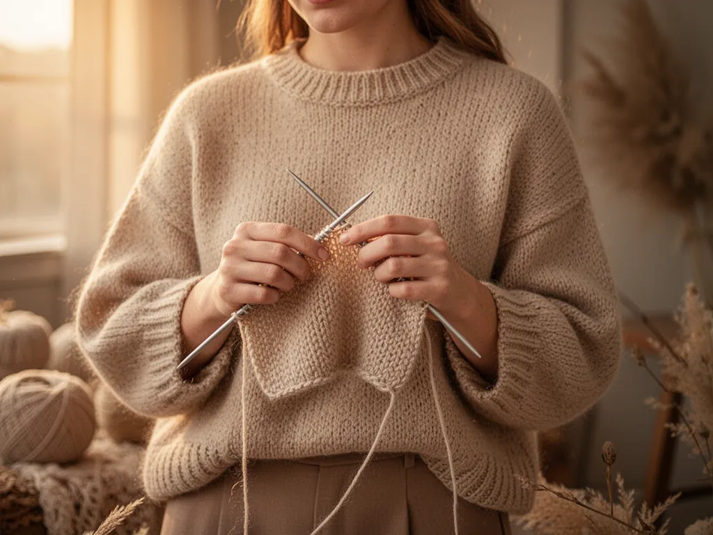 Mains d'une personne tricotant un pull en laine beige avec des aiguilles circulaires en bois sur une table en chêne