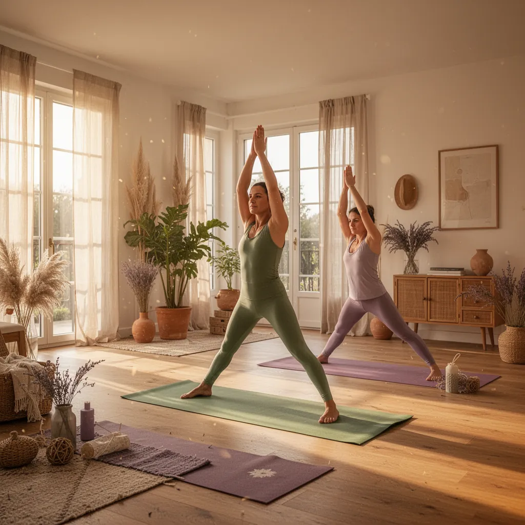Femme en tenue de yoga effectuant un étirement debout dans une cuisine lumineuse au réveil